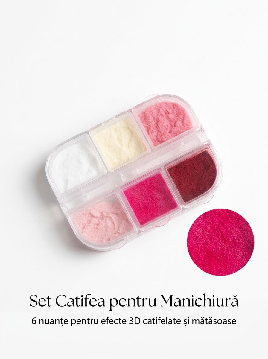 Set Catifea / Pudră Velvet pentru Nail Art – 6 Nuanțe Mătăsoase